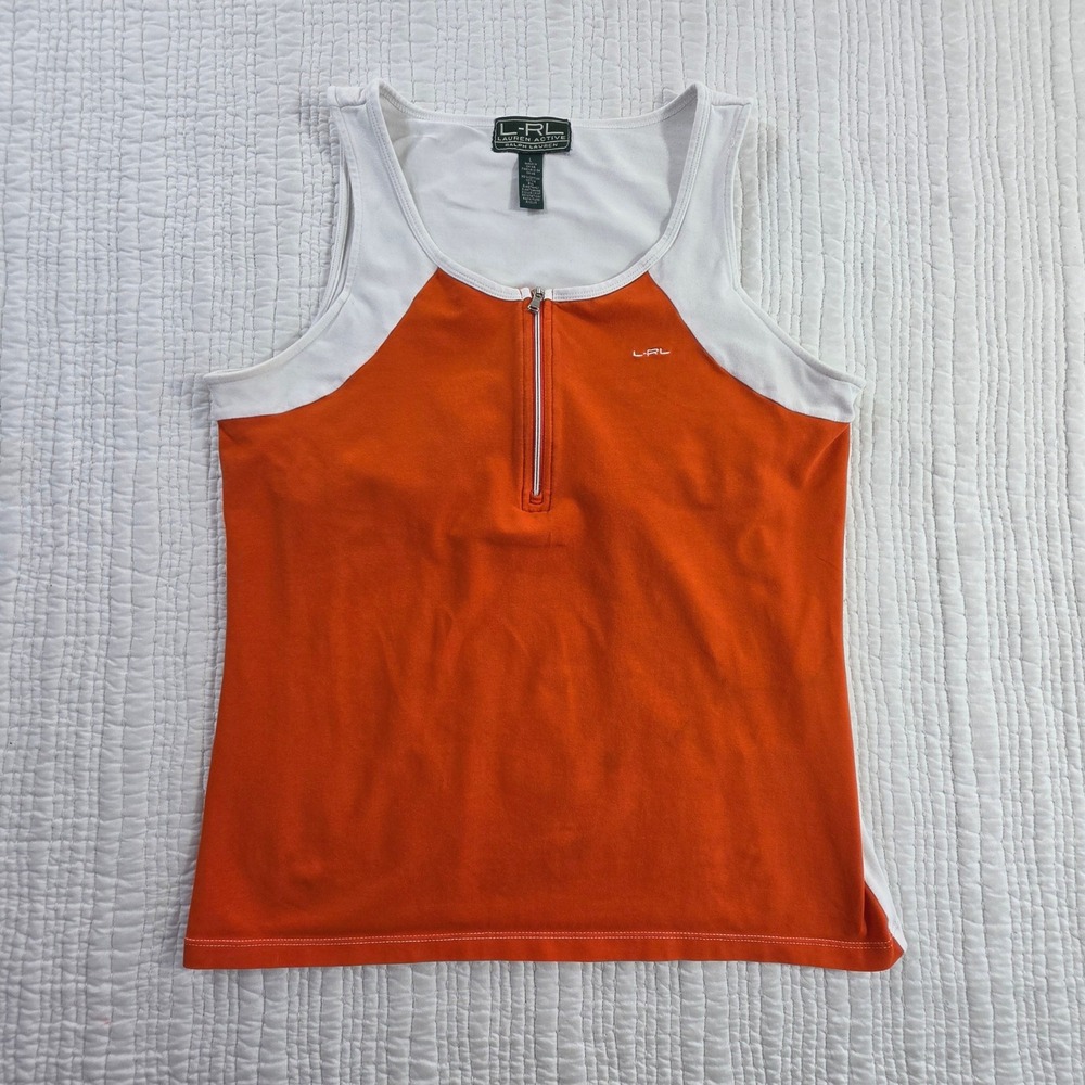 Lauren Ralph Lauren Active Top L Orange White Colorblock Zip Sleeveless GUC